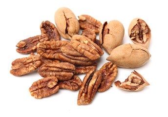 Peeled pecan nuts closeup, isolated on white background