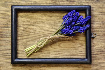 Bouquet of spring hyacinths tied with twine. Spring flowers inside rectangular black frame on old wooden background. Nice present concept. Top view, flat lay. Copy space. Horizontal photo.