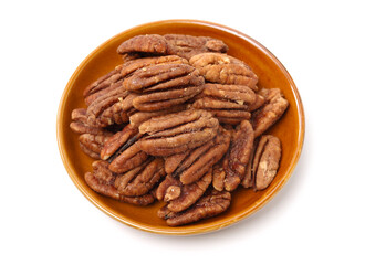 Peeled pecan nuts closeup, isolated on white background