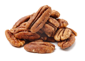 Peeled pecan nuts closeup, isolated on white background