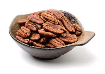 Peeled pecan nuts closeup, isolated on white background