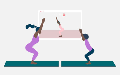 Black mother and her daughter doing yoga asana and watching online yoga practice on TV or projector. Stay home concept. Home activity during quarantine. Online courses, education.
