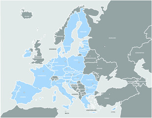 Europakarte EU grau / blau mit dicken weißen Ländergrenzen und Hauptstädten +Text 2 (nach Brexit) © Benjamin ['O°] Zweig