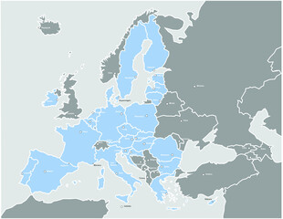 Europakarte EU grau / blau mit dicken weißen Ländergrenzen und Hauptstädten +Text (nach Brexit) © Benjamin ['O°] Zweig