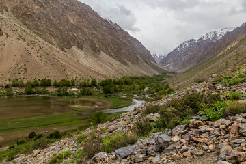 Fototapeta na wymiar Jisev (Jizev or Jizeu) valley in Pamir mountains, Tajikistan