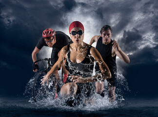 Triathlon sport collage. Man, woman running, swimming, biking - 402813371