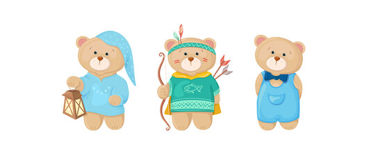 Set of cute baby bears in cartoon style. Character in pajamas, sleeping cap with a flashlight. Dressed as an Indian. In a denim jumpsuit with a bow tie. Vector illustration isolated on white backdrop