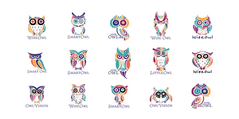 Blackout roller blinds Owl Cartoons Cute owls coloful collection, logo design template