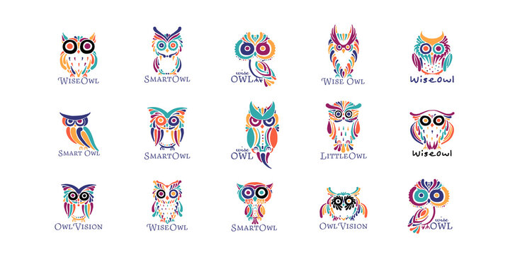 Cute owls coloful collection, logo design template