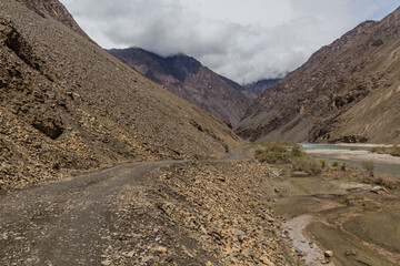 Road in Bartang valley in Pamir mountains, Tajikistan