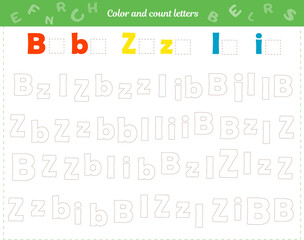  Worksheet for children. Color and count the letters. Development of attention to soldering, thinking, fine motor skills