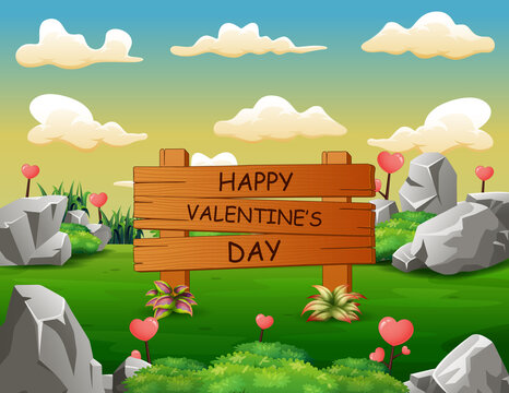 Happy Valentines Day sign in green landscape