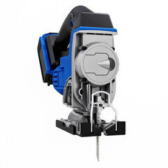 The tool is a blue electric jigsaw on a white isolated background. 3d rendering.