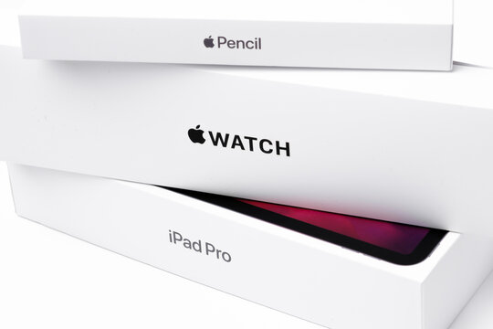 Apple Pencil, Watch, IPad Pro Boxes On The White Background, December 2020, San Francisco, USA