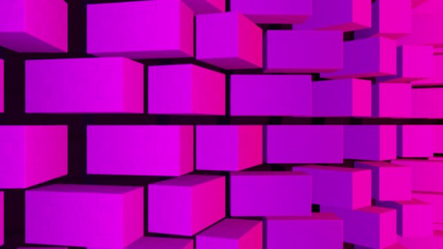 Minimalistic waves pattern made of rotating cubes. Animation. Bright pink brick wall spinning on black background, seamless loop.