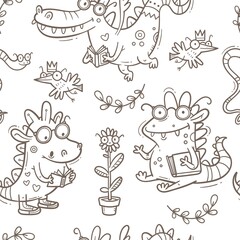 Seamless pattern with  cute smart dragons on white background. Funny crocodiles wallpaper. Reading reptile poster. Vector doodle line art. Illustration for children. Books and studying print.