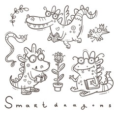 Set with  cute smart dragon. Funny crocodile collection. Reading reptile poster. Vector doodle line art. Illustration for children. Books and studying sticker pack.