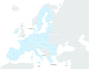 Europakarte EU grau / blau mit weißen Ländergrenzen ,Hauptstädten und Text 2 in hell (nach Brexit)