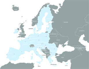 Europakarte EU grau / blau mit weißen Ländergrenzen und Hauptstädten und Text (nach Brexit)