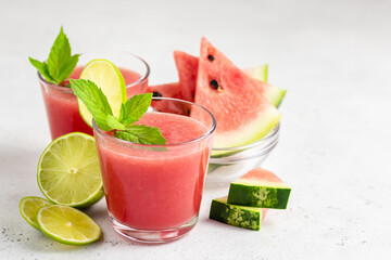 Detox watermelon lime mint smoothie. Space for text.