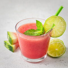Summer party drink, watermelon lime mint smoothie. Space for text.