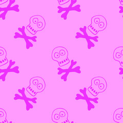 Seamless pattern with human skull and bones. Primitive cartoon style Doodle. Background and texture on theme of Halloween, danger, death, war, poison. For fabric, packaging, party, poster, banner