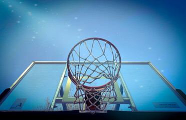 Low angle view of basketball hoop and net against clear blue sky background.