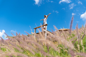 Obraz premium rear view of woman walking in grass flowers field in. summer