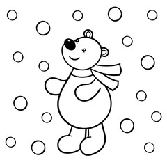 Cute bear looks at the snow, coloring page