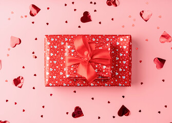 Red gift box with rope bow on pink background with heart shaped confetti top view flat lay