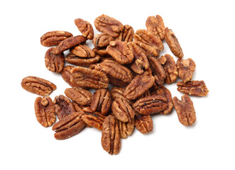 Peeled pecan nuts closeup, isolated on white background