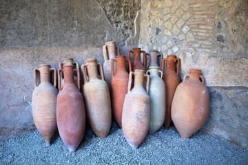 Pompeii, Italy, June 26, 2020 amphorae in an ancient deposit found after the excavations later
to...