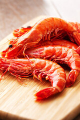 Fresh Raw Red Shrimp on Cutting Board. High quality photo
