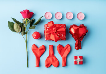 Valentines Day knolling objects decorations on blue background top view flat lay