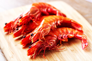Fresh Raw Red Shrimp on Cutting Board. High quality photo