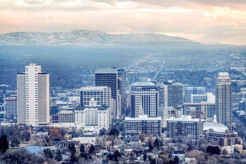Skyscrapers and modern buildings on an urban city landscape on a gloomy day