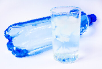 Plastic bottle and a glass of water on a white background