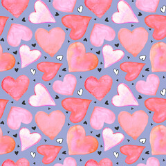Seamless pattern with watercolor hearts. Romantic love hand drawn backgrounds texture. For greeting cards, wrapping paper, wedding, birthday, fabric, textile, Valentines Day, mothers Day, easter