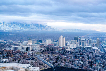 Utah State Capital Building and skyscrapers on an aerial view of Salt Lake City