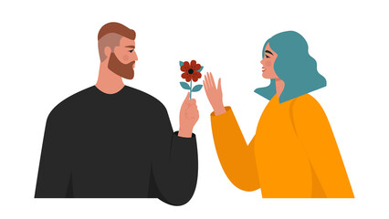 Young couple in love. Man giving flowers to a happy beautiful woman. Romantic relationship concept. Isolated flat vector illustration with male and female characters for Valentine’s day