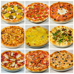 Fototapeta na wymiar Different slices of pizza with different toppings on a white background. Cut into slices delicious fresh pizza. Tasty pizza on white.