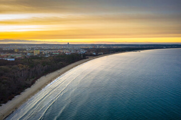 Aerial scenery of the Baltic Sea beach in New Port at sunset, Gdansk. Poland