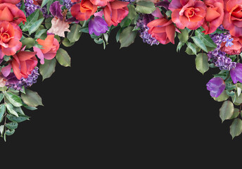 Red roses and purple flowers isolated on dark background. Floral banner, header with copy space. Natural flowers wallpaper or greeting card.