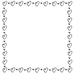 Hand drawn square frame, border from black outline hearts. Simple romance symbol of love, background, decoration for invitation, Valentine's day, greeting card, wedding