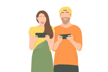 Joyful happy woman and man playing games on smartphones challenge each other