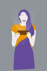 Excited girl with long hair in overalls playing online games on smartphone, flat illustration in corporate colors