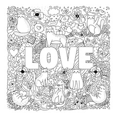 Saint Valentine day coloring page with cute cats, flowers, sweets and toys. Hand drawn doodles. Greeting card with love. Outline vector illustration.