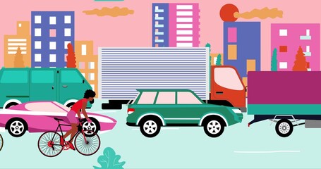 African American cyclists are riding bicycle on road with traffic jam in the city. Cartoon , flat design