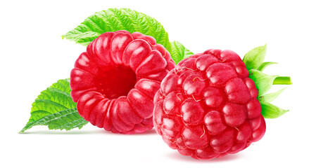 Two raspberries with leaves isolated on white background with clipping path.