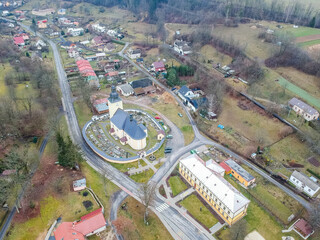 Aerial view of Church of St. Andrew in old german village Vendoli near Svitavy on the border between Czechia and Moravia